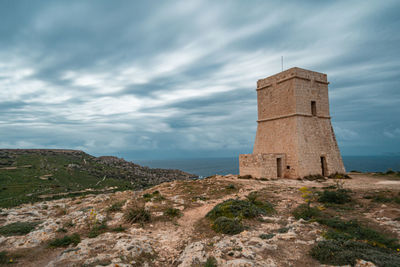 Lighthouse amidst buildings against sky