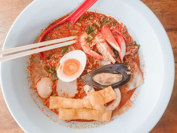 High angle view of breakfast served in plate on table