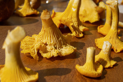 Close-up of yellow mushrooms on table