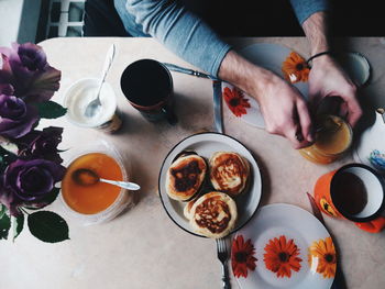 High angle view of breakfast on table