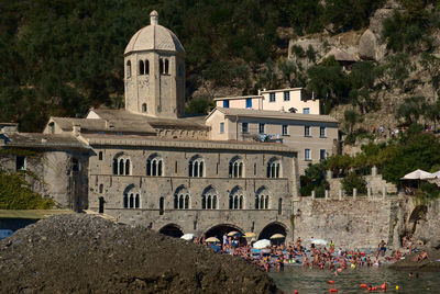 The abbey of san fruttuoso seen from the sea.