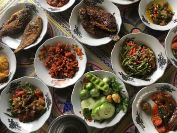 High angle view of food served on table