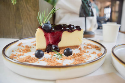 Close-up of cake in plate on table