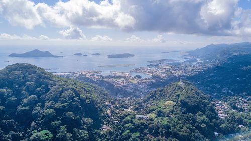 Aerial view of sea against cloudy sky