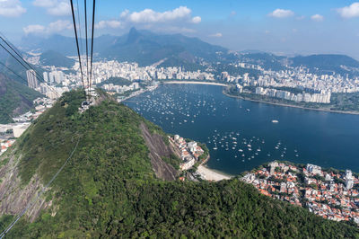 High angle view of townscape by sea against sky