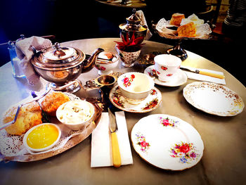 High angle view of cake served on table