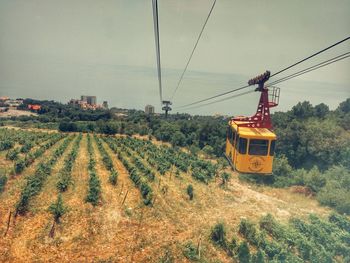 Overhead cable car on field against sky