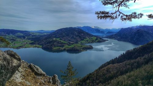 Scenic view of lake and mountains against sky