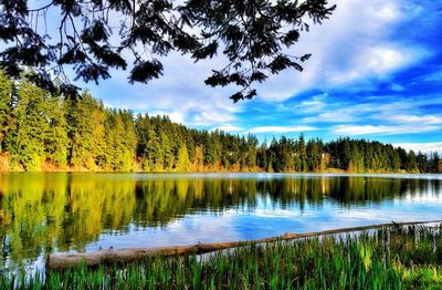 Scenic view of lake against cloudy sky