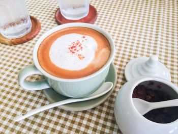 High angle view of coffee on table