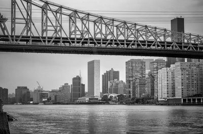 Bridge over river by buildings against sky in city