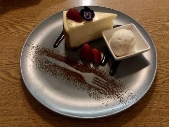 High angle view of dessert in plate on table
