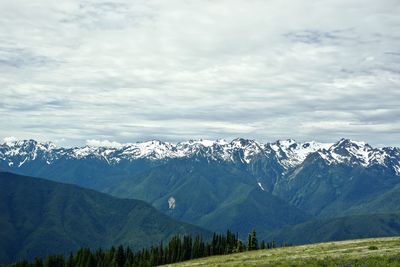 Scenic view of snowcapped mountains against sky