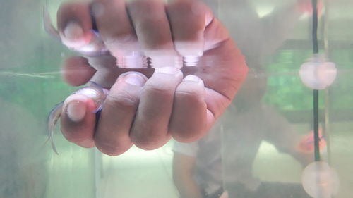 Cropped hand on glass table