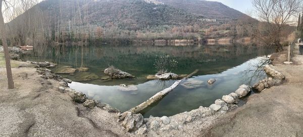 Panoramic view of lake and mountains