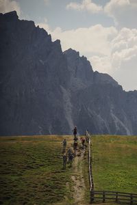 View of hikers  on alpine fields against dolomite mountains