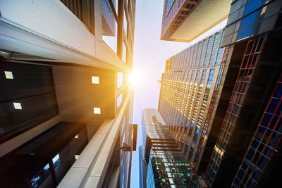 View upwards to high skyscrapers, vertical from below