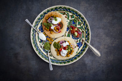 High angle view of breakfast served on table