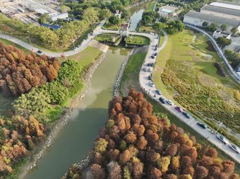 High angle view of road amidst trees