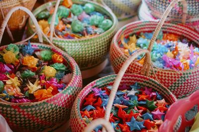 High angle view of colorful decoration in baskets