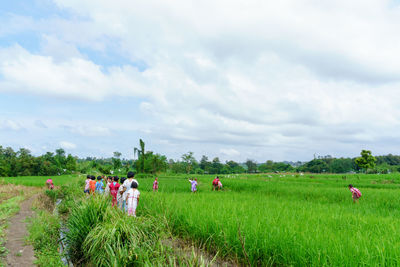 People walking on field against sky