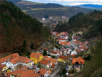 High angle view of houses in town