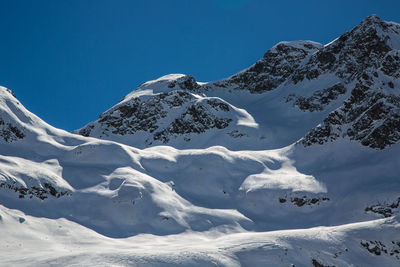 Scenic view of snowcapped mountains against clear blue sky