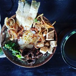 High angle view of food in plate on table