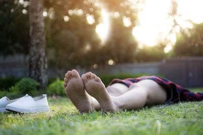Low section of man lying on grass