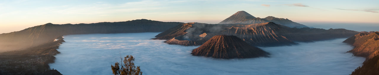 Panoramic view of snowcapped mountains against sky during sunset