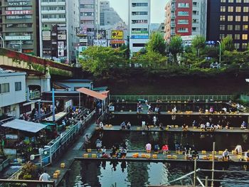 High angle view of people in city