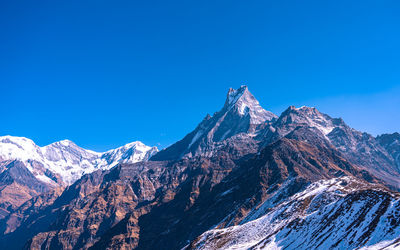 Scenic view of snowcapped mountains against clear blue sky