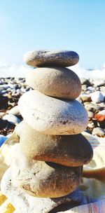 Close-up of stone stack on rock