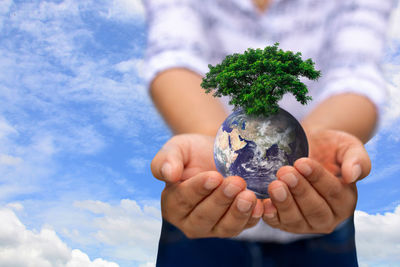 Midsection of man holding plant against sky