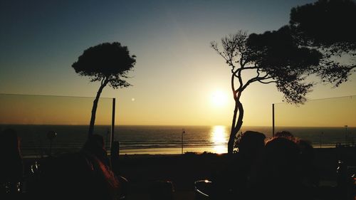 Silhouette trees on beach against sky during sunset