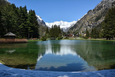 Scenic view of lake by trees against sky