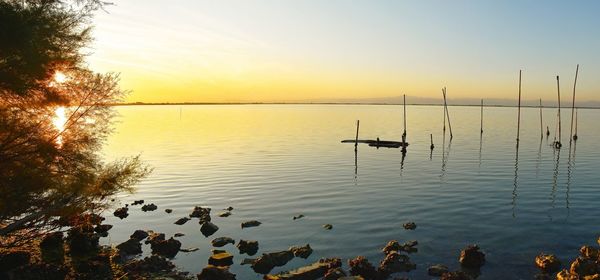 Scenic view of lake against sky during sunset