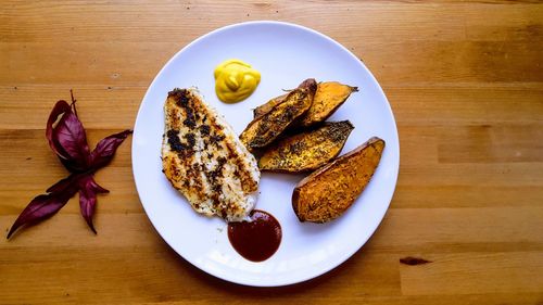 High angle view of breakfast served on table