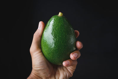 Close-up of hand holding apple against black background
