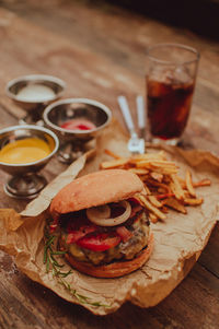 High angle view of drink on table