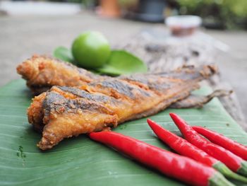Close-up of meat on barbecue grill