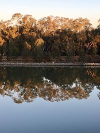 Reflection of trees in lake against sky