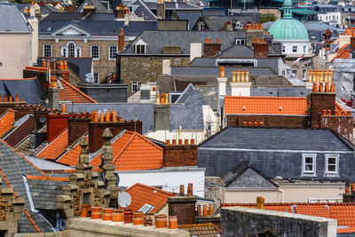 High angle view of houses in town