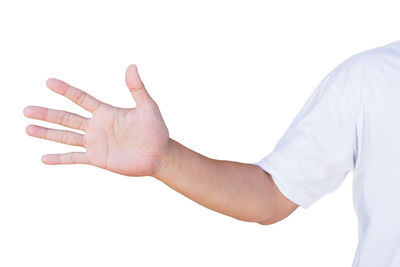 Midsection of man with text against white background