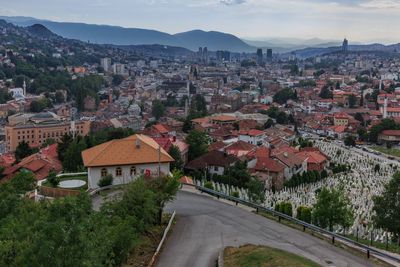 High angle view of town against sky