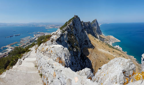 Panoramic view of sea and rocks against sky