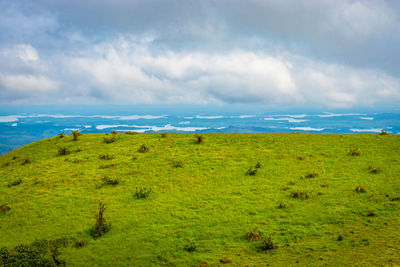 Mountain with green grass and amazing sky