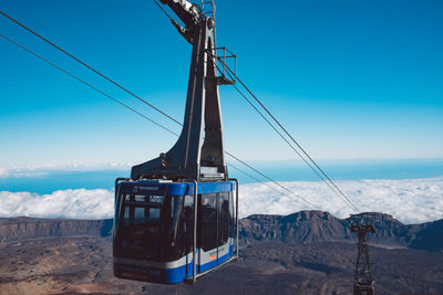 Overhead cable car over sea against blue sky