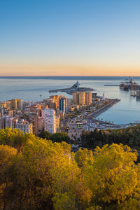 Aerial view of malaga taken from gibralfaro castle including port of malaga, andalucia, spain.