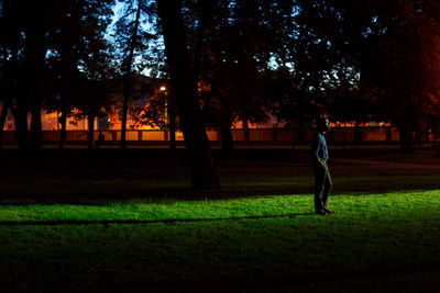 Silhouette woman standing on field against trees at park